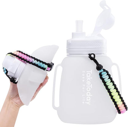 Motivational Collapsible Water Bottle with Straw and Paracord Handle 1.2L 40 OZ Reusable Silicone Sports Water Jug with Time Marker Leakproof Large Water Bottles for Yoga Outdoors