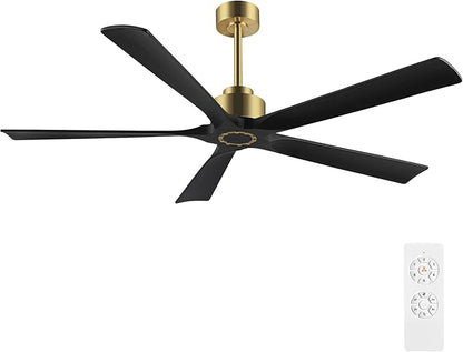 60 Inch Modern Ceiling Fan without Light, 5 Solid Wood Blades 6-Speed Noiseless Reversible DC Motor, Ceiling Fan with Remote Control for Bedroom Living Room, Gold Finish with Black Blades