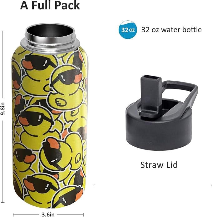 32 oz Duck Water Bottle Insulated Vacuum Stainless Steel Sports Water Bottle with 2 Lids (Straw and Spout Lid) for Gym Camping Hiking