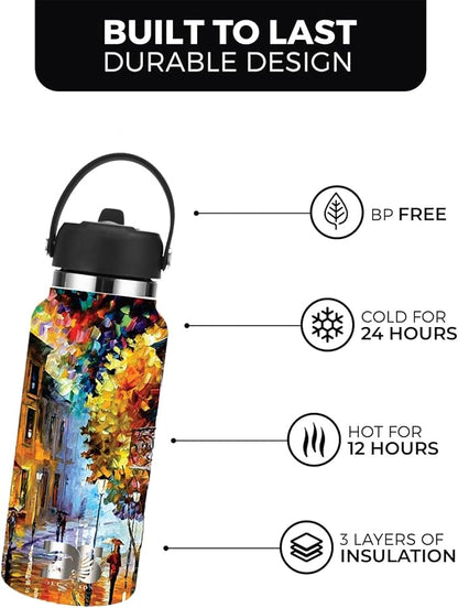 32oz Stainless Steel Sports Water Bottle with Straw Lid - Leak-Proof, Durable Design for Hydration on the Go During Workouts, Travel & Outdoor Activities, City Rain