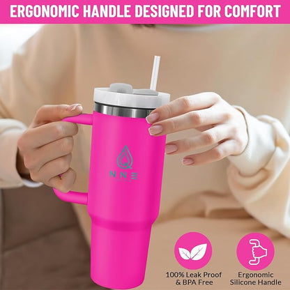 40oz stainless Steel Insulated Tumbler with Handle, lid and straw for cold water, Iced tea, or coffee - 100% Leak-Proof - Cupholder Friendly Travel Mug- Gifts for Women Men Him Her (Pink)