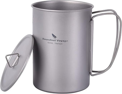 iBasingo 1050ml Titanium Bottle 600ml Nesting Cup Outdoor Camping Single Layer Wide Mouth Cookware Lightweight Portable Bottle Mug Hiking Picnic Solo Cooking Mess Kit