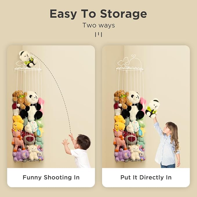 Stuffed Animal Storage,Stuffed Animal Holder with Adjustable Length,Corner Shelf for Kids Room Decor,Soft Toy Storage Organizer for Living Room,Bedroom,Nursery,Playroom,Kids Room(Ivory White)