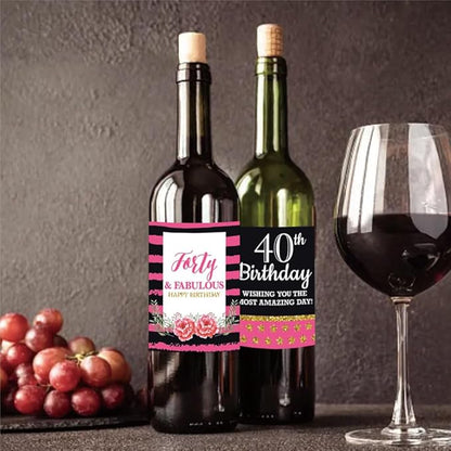 40th Birthday Wine Bottle Labels, Black and gold pink,Birthday party supplies,Funny Birthday gifts for women, Set of 6