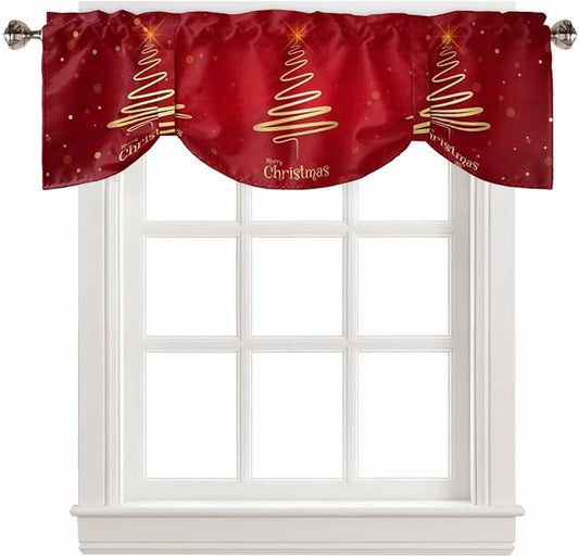 Christmas Tree Blackout Tie Up Valance Curtains for Kitchen Windows Merry Xmas Red Window Toppers Balloon Shades for Living Room/Bathroom/Bedroom,1 Panel,42" X 18" Winter Holiday Decor