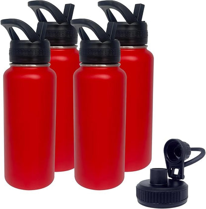 4pack 32 oz Insulated Water Bottle With Straw, Stainless Steel Sports Water Cup Flask with 2 Lids, Wide Mouth Travel Thermal Mug,Red