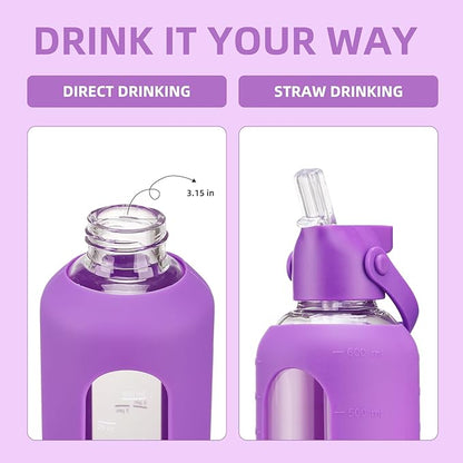 20 oz Glass Water Bottles with Straw Borosilicate Glass Water Bottle with Time Marker Motivational Water Bottles with Silicone Sleeve Leak Proof Reusable BPA Free