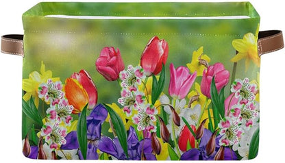 Wamika Spring Tulip Lavender Flowers Storage Basket Fabric Laundry Baskets Green Leaves Herbs Storage Boxes Organizer Bag for Baby Cloth Dog Toy Book Storage Cubes Shelf Closet Bins 16x12x8 Inches