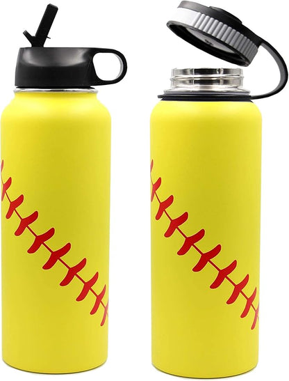 40 oz Softball Water Bottle, Sports Flask Metal Travel Tumbler with 2 Lids 18/8 Stainless Steel Double Wall Vacuum Insulated Hot/Cold (40oz, Yellow Softball)
