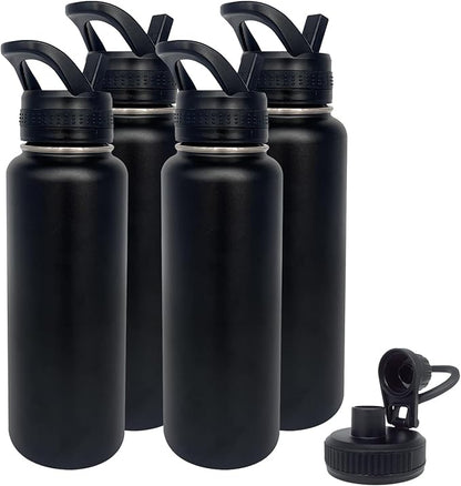4pack 40 oz Insulated Water Bottle With Straw, Stainless Steel Sports Water Cup Flask with 2 Lids, Wide Mouth Travel Thermal Mug,Black