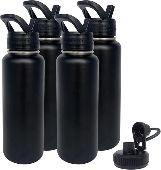 4pack 40 oz Insulated Water Bottle With Straw, Stainless Steel Sports Water Cup Flask with 2 Lids, Wide Mouth Travel Thermal Mug,Black
