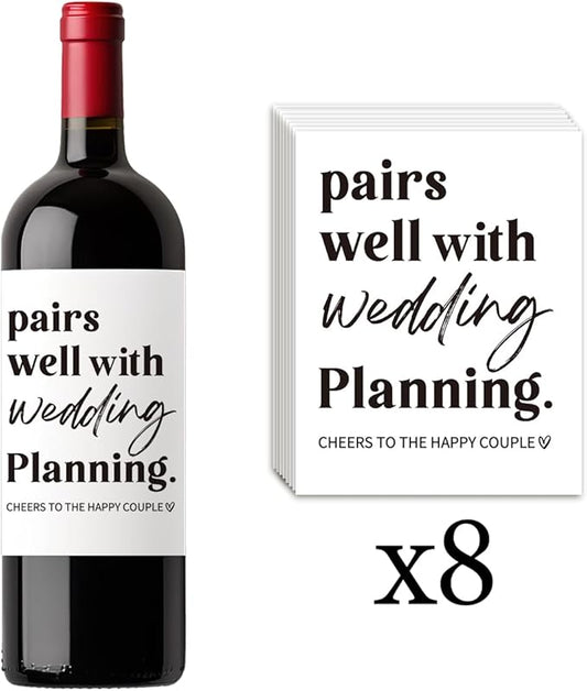 8 Pcs Wedding Wine Labels, Wedding Gifts Bridal Shower Wedding Gifts for Couples 2024, Wedding Party Decorations Wine Bottle Stickers, Pairs Well with Wedding Planning Wine Bottle Labels