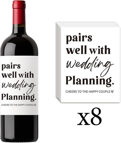 8 Pcs Wedding Wine Labels, Wedding Gifts Bridal Shower Wedding Gifts for Couples 2024, Wedding Party Decorations Wine Bottle Stickers, Pairs Well with Wedding Planning Wine Bottle Labels