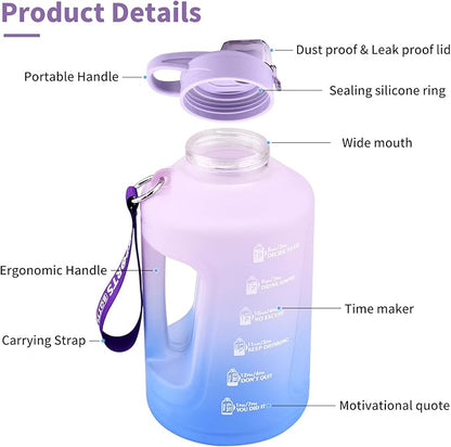 Water Bottle with Time Marker, 78OZ/Half Gallon Leak-proof Water Jug, Large Portable Water Bottles with Handle, BPA Free Fitness Water Jug for Gym, Outdoor, Sport (Purple)