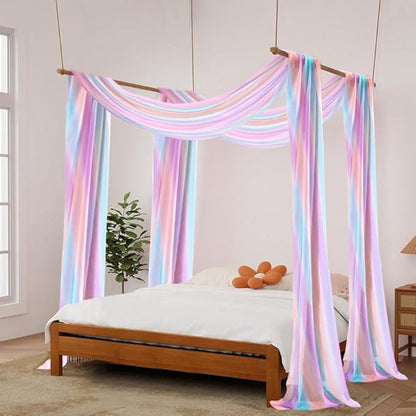 Akiky Rainbow Canopy Bed Curtains Princess Bed Canopy Scarf for Full/Queen Bed Frame,Wood Frame Bed-2 Panel Colorful Sheer Curtain(Full/Queen,Rainbow)