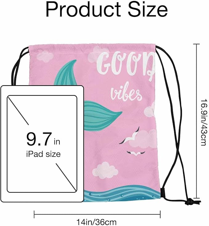 Drawstring Backpack Bag Good Vibes Lettering Green Mermaid Tail Blue Sea Two Seagulls Lightweight Backpack Soccer Ball Bag Sutiable for Sports Beach Short Travel Stroage 14x16.9 Inch