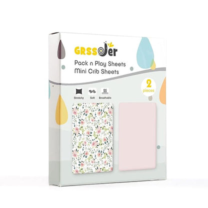 GRSSDER Stretchy Ultra Soft Jersey Knit Fitted Pack n Play Sheets Set 2 Pack, Portable/Mini Crib Sheets, Snug and Safe Playards Sheet for Baby, Pink Rose Stylish Print