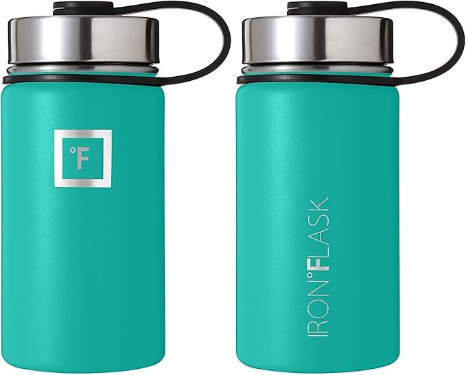 IRON °FLASK Sports Water Bottle - Wide Mouth with 3 Spout Lids - Stainless Steel Gym & Outdoor Bottles for Men, Women & Kids - Double Walled, Insulated Thermos, Metal Canteen - Aquamarine, 14 Oz