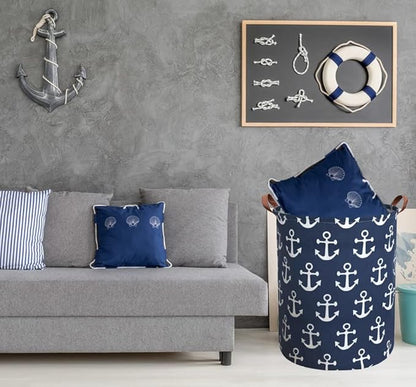 Kids Hamper,Collapsible Laundry Baskets,Waterproof Storage Baskets with Leather Handle,Nautical Decor,Toy Organizer (Navy Blue Anchor)