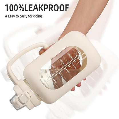 64 oz Glass Water Bolttles Half Gallon Large Motivational Water Bottle with Time Marker Sports Water Bottles with Silicone Sleeve and Handle Lid Water Jug for Gym Workout-1 Pack