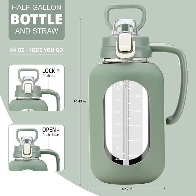 64 oz Glass Water Bolttles Half Gallon Large Motivational Water Bottle with Time Marker Sports Water Bottles with Silicone Sleeve and Handle Lid Water Jug for Gym Workout-1 Pack