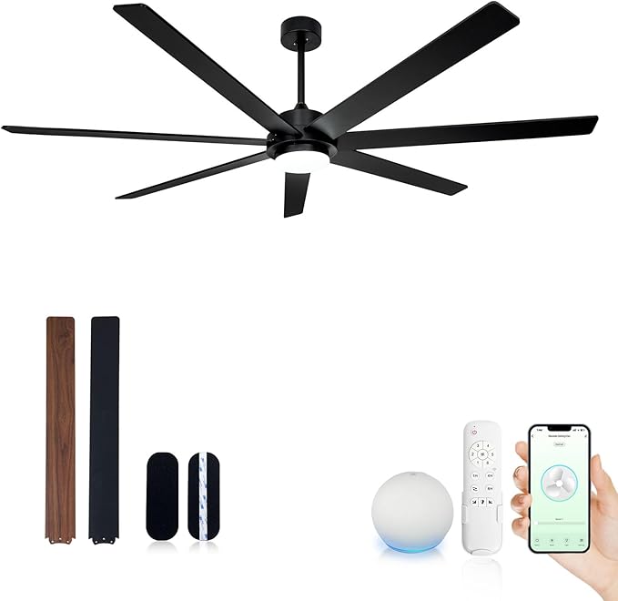 72" Wood Black Smart Ceiling Fan with Light and Remote via WIFI Alexa APP Control,6 Speed Quiet DC Motor,Dimmable LED Light,Indoor Outdoor Ceiling Fans for Patios or Bedroom