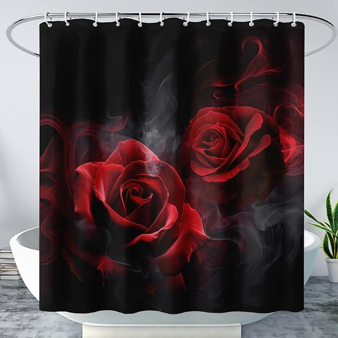 AILONEN Red and Black Rose Shower Curtain,Romantic Smoky Luxury Rose Bathroom Decor,Red Flower Garden Floral Bath Curtain,Waterproof 72" W x 78" H