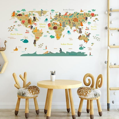Animal World Map Wall Stickers Cartoon Lion Bear Travel Wall Decals Peel and Stick Removable Wall Stickers Baby Kids Bedroom Nursery Toddler Room Living Room Wall Sticker Decor