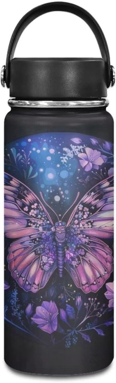 Butterfly Water Bottles Stainless Steel Wide Mouth Vacuum Insulated Thermos Leakproof Canteen Keep Cold,18 Oz