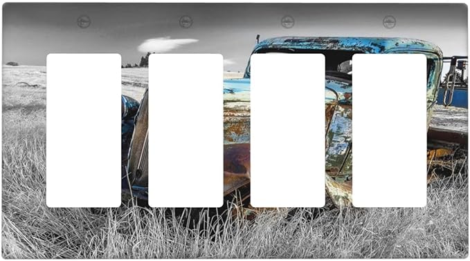 Vintage Country Old Blue Truck 4 Gang Rocker Decora Light Switch Cover Rustic Decorative Outlet Covers Wall Plate Electrical Faceplate Switchplate GFCI for Farmhouse Bedroom Livingroom Decor