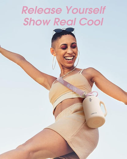 64oz Insulated Water Bottle, Coolflask Half Gallon Water Jug With Handle Straw Stainless Steel Double-Walled Vacuum Metal Large Flask With Strap Non-BPA Leakproof, Keep Cold 48 Hrs, Apricot Pink