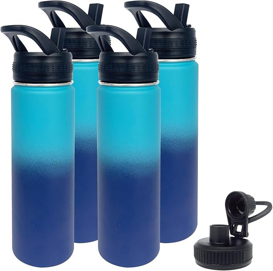 4pack 22 oz Insulated Water Bottle With Straw, Stainless Steel Sports Water Cup Flask with 2 Lids, Wide Mouth Travel Thermal Mug,Blue gradient