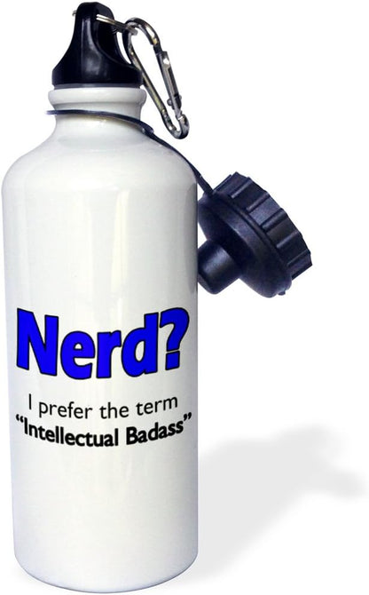 3dRose "Nerd. Intellectual Badass. Blue." Sports Water Bottle, 21 oz, White