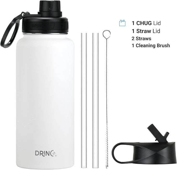 DRINCO Stainless Steel Water Bottle Spout Lid Vacuum Insulated Double Wall Water Bottle USA Flag Military Veteran (32oz Skull Artic White, 32oz)