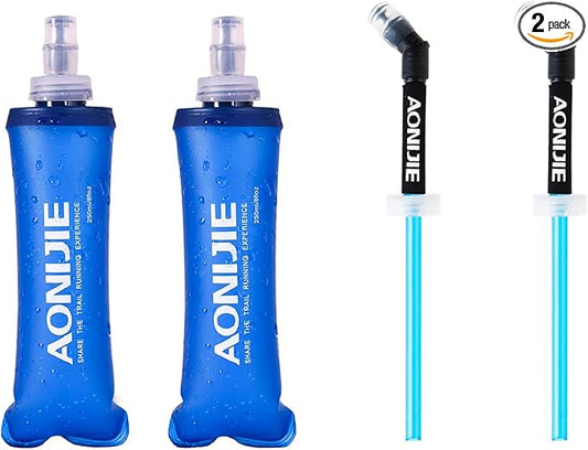 Azarxis Soft Flask Collapsible Water Bottle Running Soft Gel Flask Reservoir Handheld Folding TPU 250 500ml for Hydration Pack Hiking Cycling Climbing (250ml/8.45oz - 2 Pack with 2 Speed Straws)