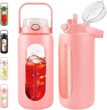 64oz Glass Water Bottle with Straw and Handle - Half Gallon Motivational Water Jug with Time Marker and Silicone Sleeve, Leak proof Wide Mouth Water Flask for Gym, Sports, and Daily Use (Pink)