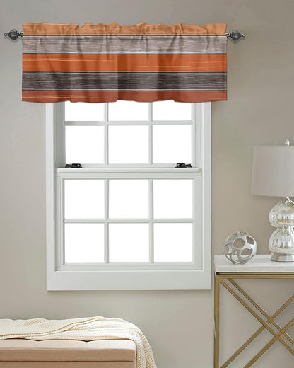 Farmhouse Kitchen Curtains Thanksgiving Fall Valances for Windows Burnt Orange Gray Rod Pocket Country Window Treatment for Kitchen /Living Room/Bedroom/ Bath,42" X 12" -1 Panel, Rustic Wood Texture