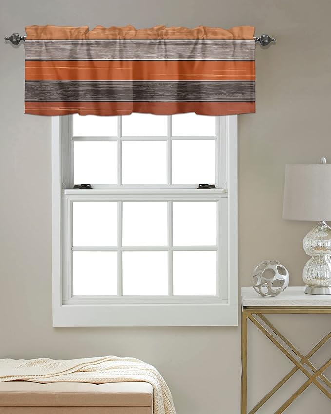 Farmhouse Kitchen Curtains Thanksgiving Fall Valances for Windows Burnt Orange Gray Rod Pocket Country Window Treatment for Kitchen /Living Room/Bedroom/ Bath,42" X 18" -1 Panel, Rustic Wood Texture