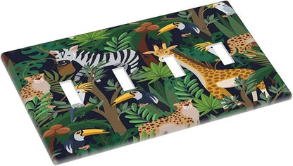Cartoon Animal Zebra Leopard Giraffe Bird Leaf Quad Toggle Nursery Light Switch Covers Decorative 4 Gang Wall Plate Electrical Faceplate Switchplate for Kidroom Bedroom Bathroom Decor