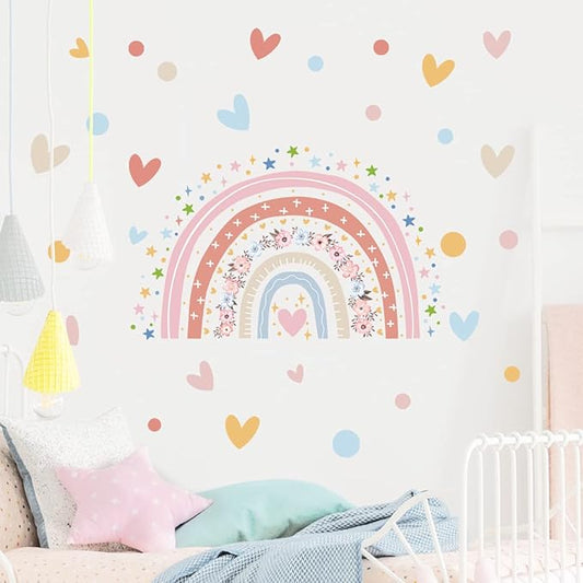Large Boho Watercolor Rainbow Wall Decals Boho Love Stars Flowers Rainbow Wall Stickers for Girls' Room Kids Baby Nursery Bedroom Living Room Playroom Classroom Wall Decor