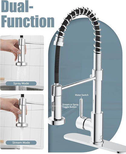 Kitchen Faucet,Chrome Kitchen Faucet with Soap Dispenser and Deck Plate,Faucet for Camper Farmhouse RV Kitchen Sink,Single Handle Stainless Steel Kitchen Sink Faucets with Pull Down Sprayer