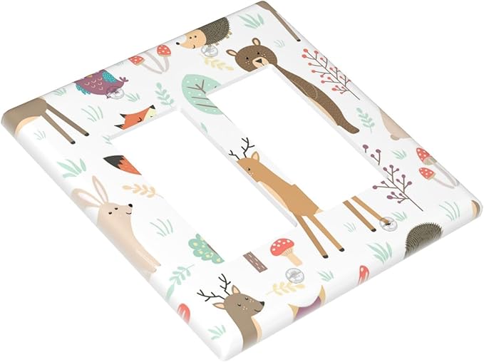 Cartoon Animal Deer Bear Fox Light Switch Cover Decorative Double Rocker Plastic Wall Plate Outlet Cover for Women Girls Bedroom Kitchen Living Room Decor 4.5 * 4.5