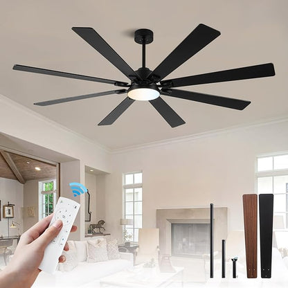 72Inch Large Ceiling Fan with Lights and Remote,Black Indoor & Outdoor Ceiling Fan for Living Room,Patio,6 Speed,Quiet DC Motor,3CCT,8 Wooden Blades