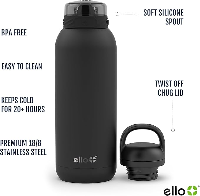 Ello Cooper 40oz Stainless Steel Water Bottle with 2 Lids Chug and Straw | Leak Proof | Double Walled and Vacuum Insulated | Built in Carry Loop | Dishwasher Safe | Antigua