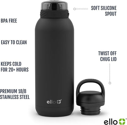 Ello Cooper 40oz Stainless Steel Water Bottle with 2 Lids Chug and Straw | Leak Proof | Double Walled and Vacuum Insulated | Built in Carry Loop | Dishwasher Safe | Sage