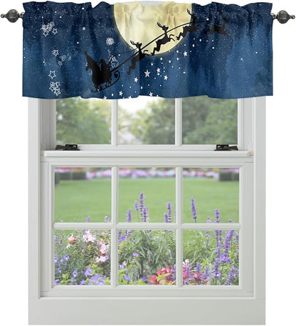 Christmas Kitchen Curtains Valances for Windows Santa Claus Reindeer Rod Pocket Window Treatment for Kitchen/Living Room/Bedroom/Bathroom,60" X 18" -1 Panel, Blue Snowy Night