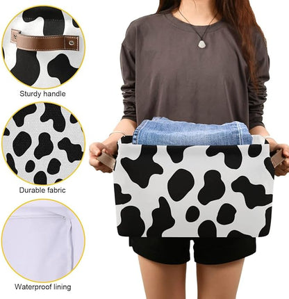 Cow Spots Storage Basket Fabric Storage Bin Laundry Baskets Farm House Country Style Foldable Storage Boxes Organizer Bag for Baby Cloth Dog Toy Book Storage Cubes Shelf Closet Basket 16×12×8 Inches