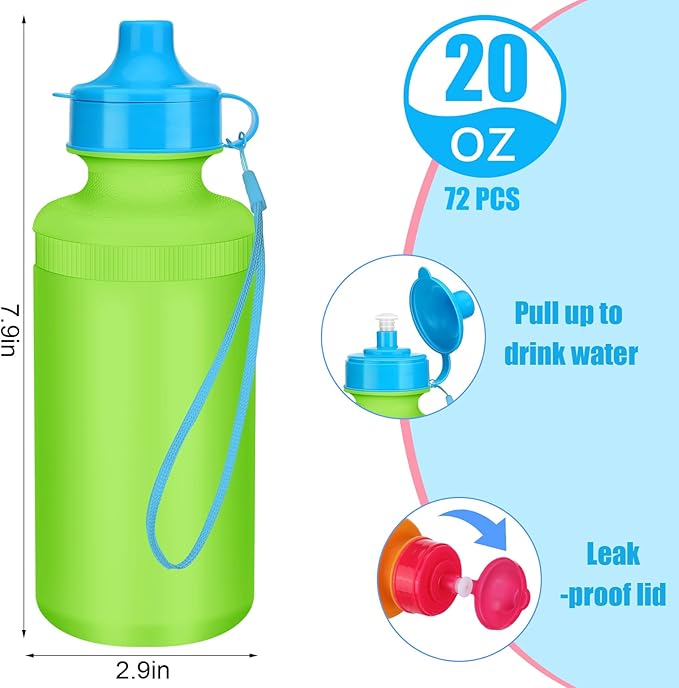 72 Pcs Sports Water Bottles Bulk 20 oz Plastic Water Bottles Reusable Squeeze Water Bottles Team Bottles with Pull Top Cap for Adults Kids Outdoor Cycling Fitness