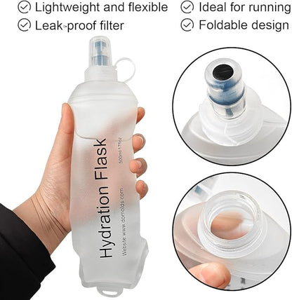 500ml Soft Flask, TPU Collapsible Soft Water Bottle for Hydration Pack, Running Vest, Folding Water Bottle for Hiking Cycling Climbing-1Pcs, White