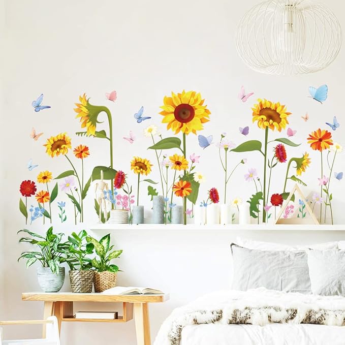 Runtoo Sunflower Butterfly Wall Stickers Garden Flower Wall Decals Bedroom Living Room Nursery Wall Decor